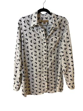 Rolled Tab Long Sleeve VTG Inspired Retro Preppy Puppy Print Blouse Size Small